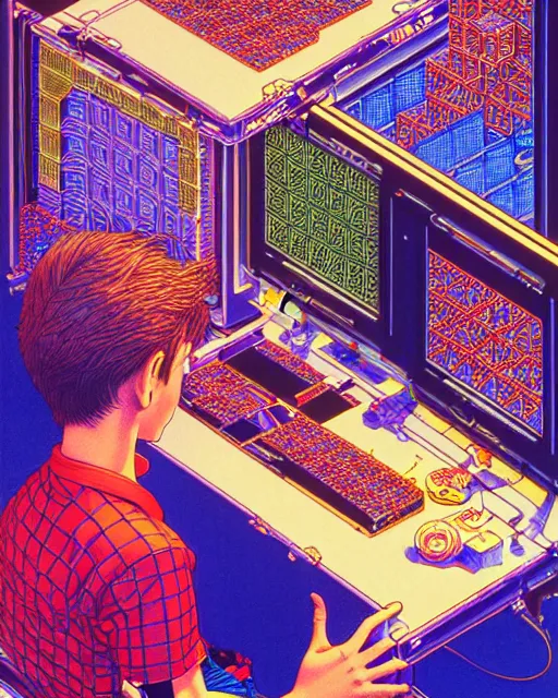 Image similar to hyper detailed illustration of a boy sitting in front of a computer and playing 3 d tetris, intricate linework, lighting poster by moebius, ayami kojima, 9 0's anime, retro fantasy