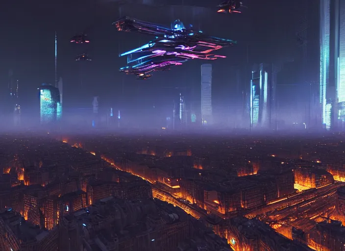 Image similar to cyberpunk scifi scene of paris at night, scifi drones in the sky, artstation, matt painting, very detailed, maximalism, ambient occlusion, volumetric light, atmospheric haze, unreal engine, hyper realism, realistic shading, cinematic composition, realistic render, octane render, detailed textures, photorealistic, wide shot