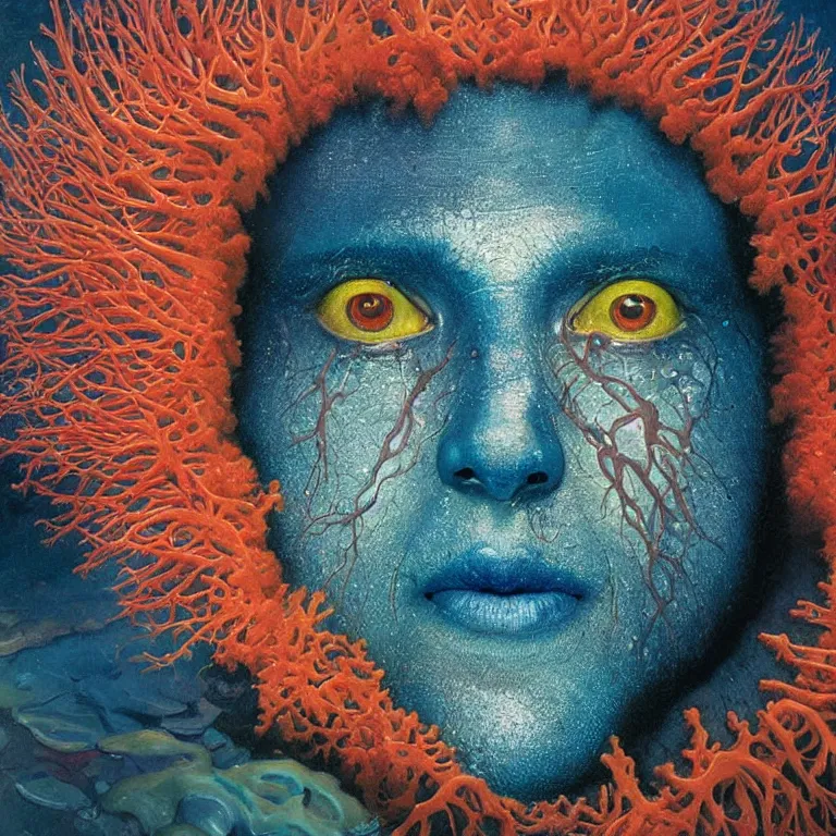 Prompt: Hyperrealistic intensely colored close up studio Photograph portrait of a deep sea bioluminescent Tom Holland, symmetrical face realistic proportions eye contact golden eyes, Smiling in a coral reef underwater, award-winning portrait oil painting by Norman Rockwell and Zdzisław Beksiński vivid colors high contrast hyperrealism 8k