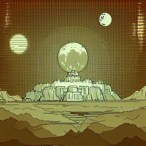 Image similar to sci - fi / fantasy fortress surrounded by moons, retro, crisp, clear, wallpaper