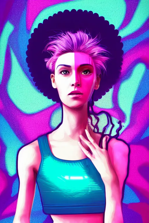 Image similar to a award winning half body portrait of a beautiful woman with stunning eyes in a croptop and cargo pants with ombre purple pink teal hairstyle and hands in pockets by thomas danthony, surrounded by whirling illuminated lines, outrun, vaporware, shaded flat illustration, digital art, trending on artstation, highly detailed, fine detail, intricate