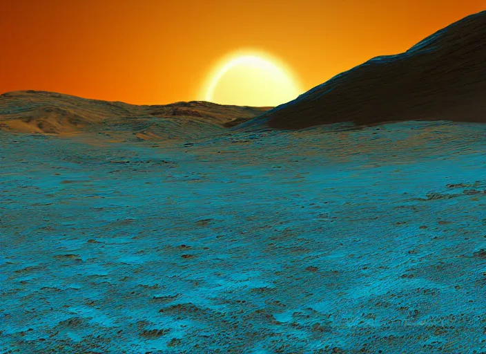 Image similar to beautiful blue sunset on Mars, detailed digital art, blue lighting