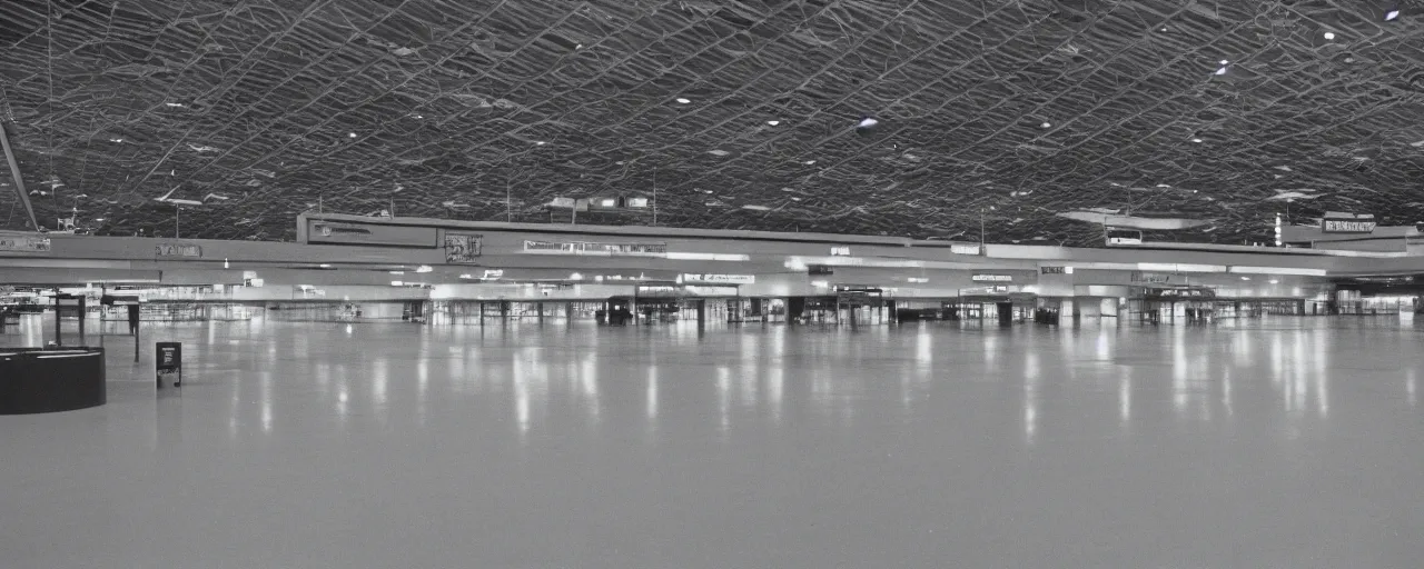 Image similar to the inside of an empty airport, late at night, eerie, 1 9 8 0 s