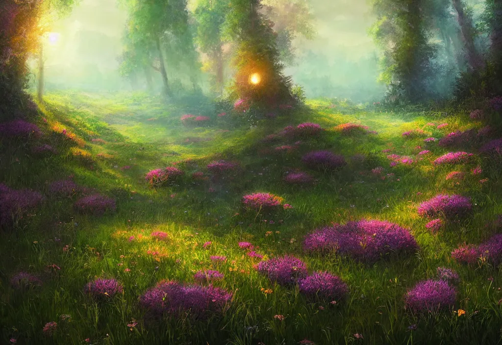 Image similar to a meadow with glowing flowers an forest behind it, night time, epic fantasy, detailed, intricate, digital painting, concept art, realistic, smooth, focus, rim light