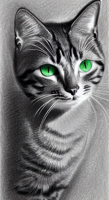 Image similar to highly detailed full body realistic pencil sketch of a beautiful cat with big green eyes in front of the galaxy stars