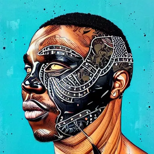 Image similar to a portrait of a black man with side profile blood in ocean intricate details :: side profile :: futuristic mask :: by vikings and Sandra Chevrier