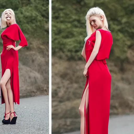 Image similar to photo of slim girl model, blonde, smiling , 20yo, wearing a red dress with high slit, high detail, studio, sharp, 85mm sigma art lens