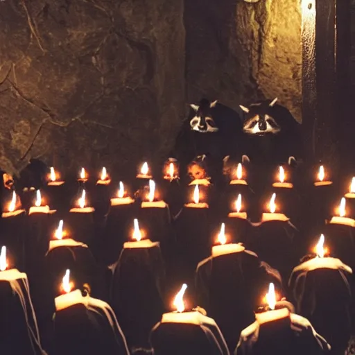 Prompt: disposable camera photo, a group of raccoons wearing dark cult robes look towards the camera in surprise and anger as they perform a dark occult evil ceremony inside the secret lair of an underground mystery cult, dramatic candlelight, ultra - detailed, photorealistic, 4 k