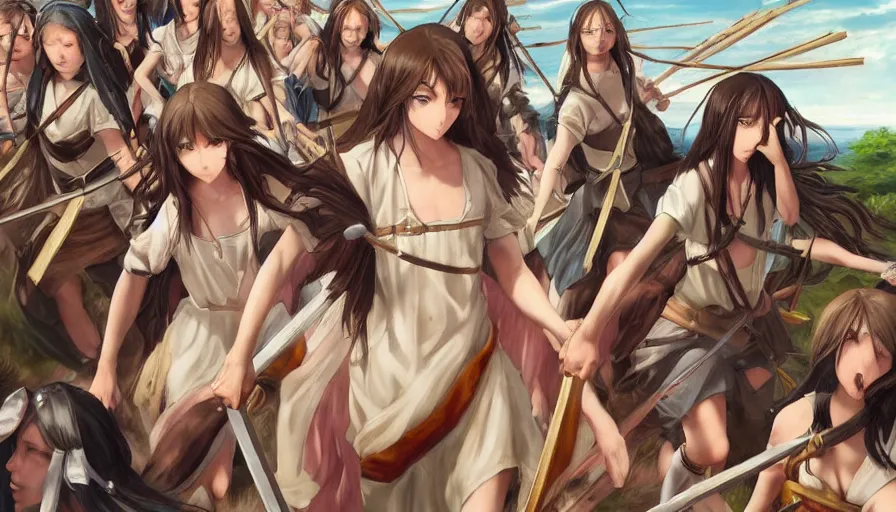 Image similar to jesus christ our lord leading an army of anime girls into battle, photorealistic, anime, mini skirt, long hair, renaissance painting, hyper real, detailed, closeup shot, ultra detailed