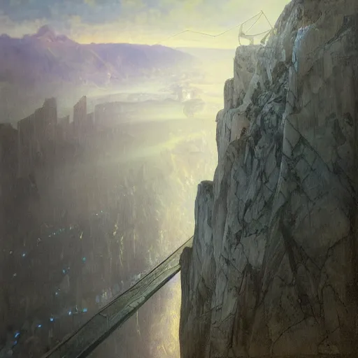 Image similar to hyperrealist portrait of a vast cliff face with one enormous futuristic building jutting out with a bridge to it and suspension cables, over a masive river valley at night by jeremy mann and alphonse mucha and alan lee, fantasy art, photo realistic, dynamic lighting, artstation, poster, volumetric lighting, very detailed faces, award winning, full face, symmetry