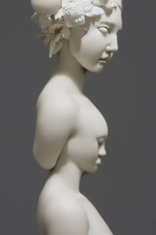 Image similar to full head and shoulders, beautiful female porcelain sculpture by daniel arsham and audrey kawasaki, smooth, all white features on a white background, delicate facial features, white eyes, white lashes, detailed white 3 d giant poppies on the head