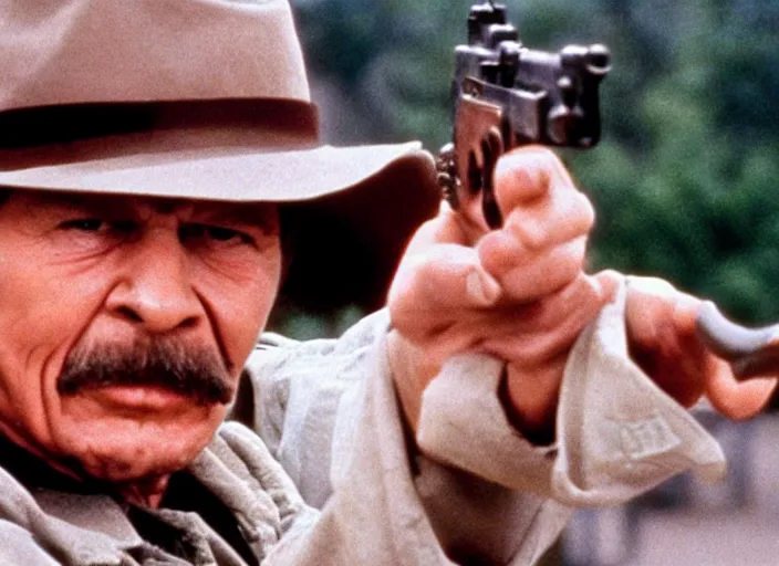 Image similar to film still of Charles Bronson pointing a pistol in the new City Slickers movie, 4k