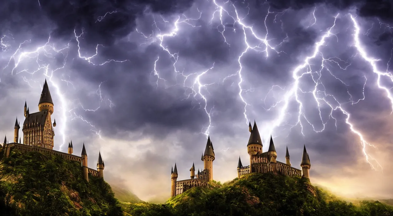 Prompt: pc background, 4 k, hogwarts castle and lightning strikes in bad weather