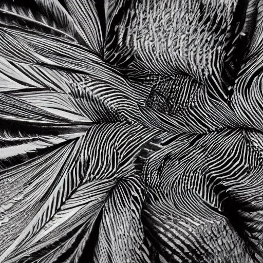 Prompt: isometric view of an hybrid ethnographic object made of feather and abstract patterns on display, ( conceptual art ), ( ready - made ), offset photography, black and white photography, nikon f 1 1