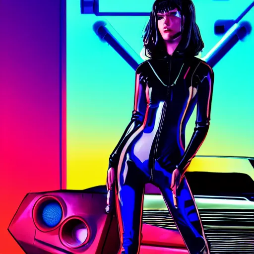 Image similar to synthwave cyberpunk girl wearing latex biker catsuit holding a molotolv sitting on a stack of speakers in the back of a blue 1967 chevy camero, in a neon city in the style of a comic book sunset city