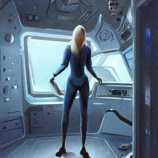 Image similar to concept art by greg rutkowski, a very tall, and slender blonde woman, wearing blue utilitarian jumpsuit, sitting in the spaceship command bridge, brutalist futuristic interior, dark lighting atmosphere, detailed portraits, nostalgic atmosphere, scifi, digital painting, artstation, concept art, smooth, sharp foccus ilustration, artstation hq