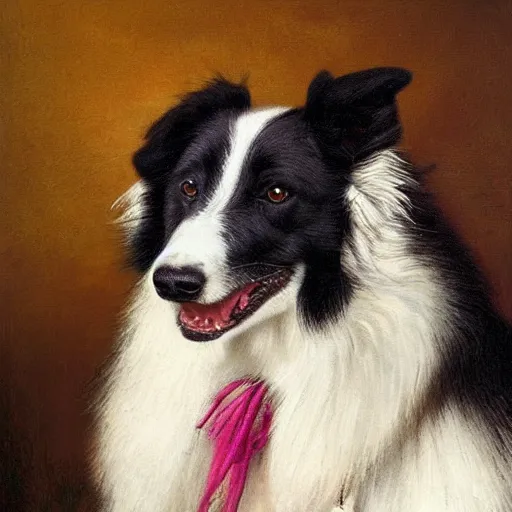 Prompt: Rembrandt portrait of a border collie dog wearing a beautiful outfit