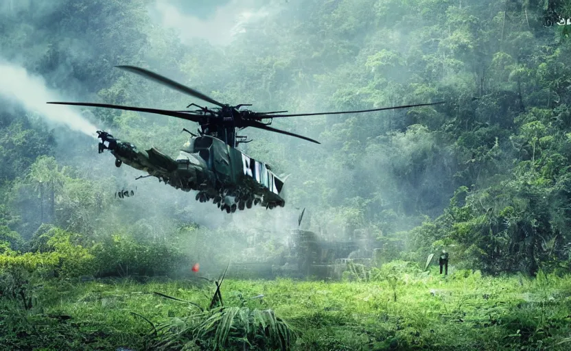 Prompt: photo of sci - fi war helicopter landing on jungle complex, ultra detailed, movie frame, cinematical composition, 4 k, breaking bad