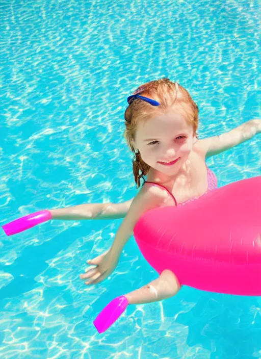 Image similar to color sketch of a young girl in a swimming pool, with an inflatable flamingo floating nearby, professional