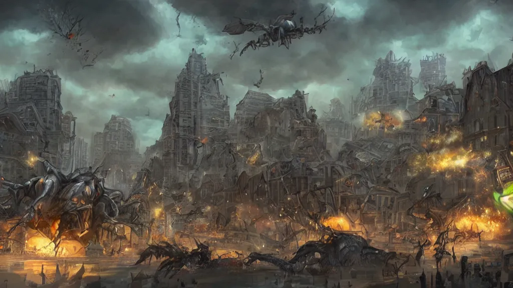 Image similar to concept art of giant bugs destroying a city