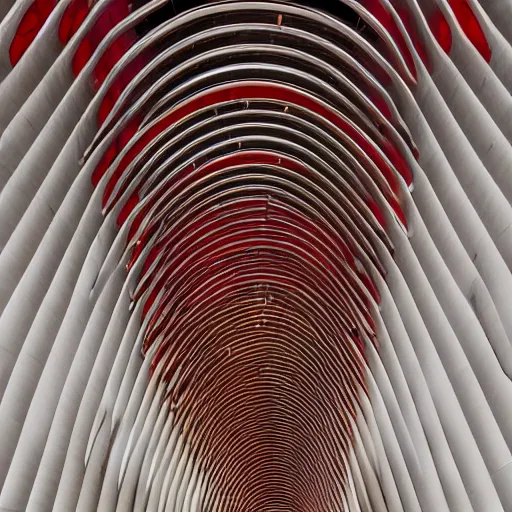 Prompt: futuristic space station with gold, red and white marble panels, by santiago calatrava, intricate contemporary architecture, photo journalism, photography, cinematic, national geographic photoshoot