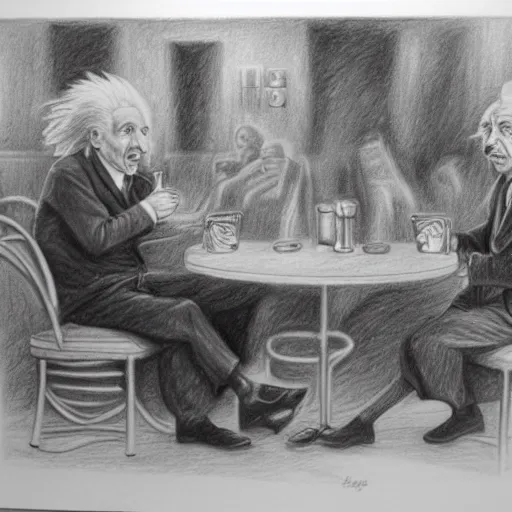 Image similar to Einstein and Tesla sitting at cafe, pencil drawing, ultra detailed