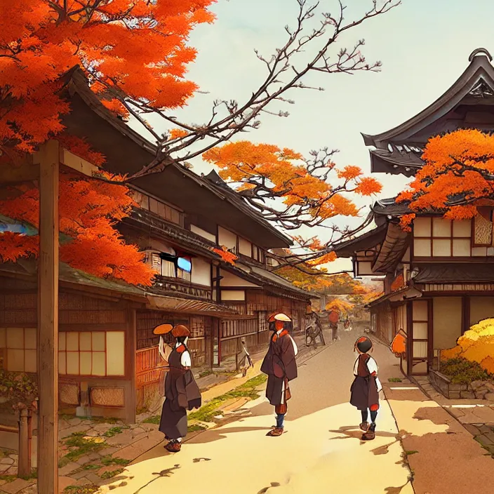 Prompt: japanese rural town, autumn, in the style of studio ghibli, j. c. leyendecker, greg rutkowski, artem