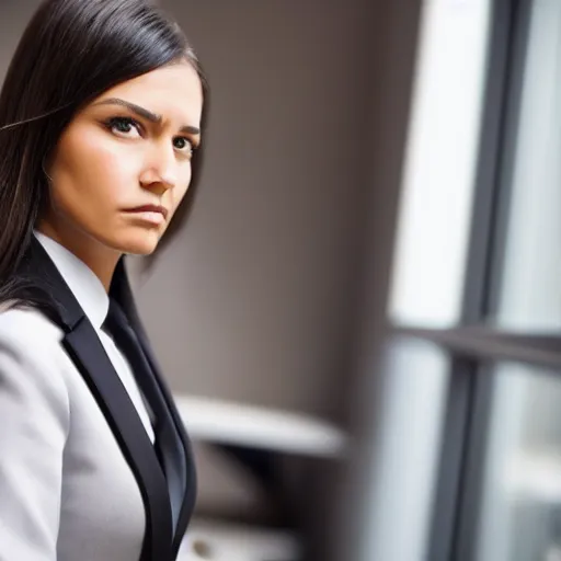 Image similar to amazonian woman in business attire, closeup, stoic, realistic, high resolution, in office building