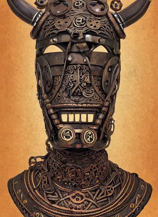 Image similar to traditional viking steampunk tribal dj mask. a matte symmetrical portrait. award winning found object at the tate modern art gallery. style of rhads and anato finnstark