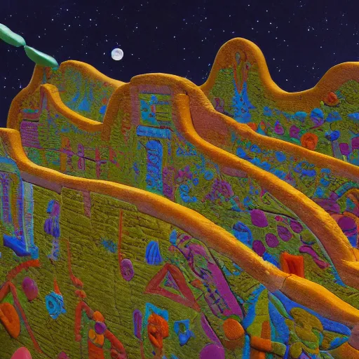 Image similar to play - doh, mayan by rafael zabaleta, by eddie mendoza defined, romantic. a photograph of a group of flying islands, each with its own unique landscape, floating in the night sky. the islands are connected by a network of bridges. a small group of people can be seen walking along one of the bridges.