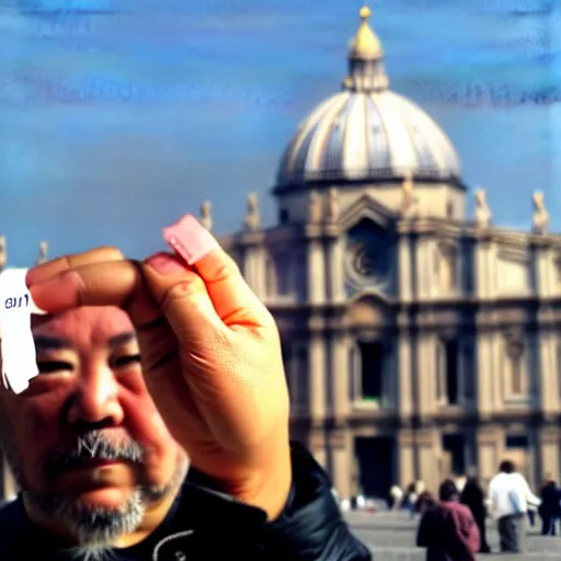 Prompt: artistic photograph by ai weiwei of a man showing ( ( ( stinky finger ) ) ) with condom on it ( ( ( from behind ) ) ), st peter's basilica slighly out of focus in background, cell phone photo