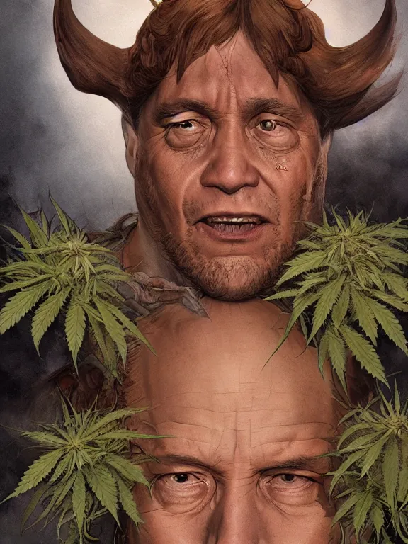 Prompt: a portrait of a cannabis devil premier francois legault illustrated by miyazaki by karol bak, james jean, tom bagshaw, rococo, sharp focus, trending on artstation, cinematic lighting, hyper realism, octane render, 8 k, hyper detailed, vivid, ultra detailed, highly detailed