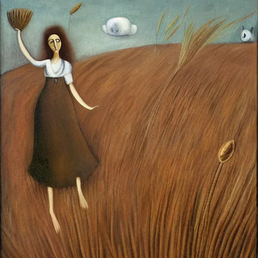 Image similar to by Leonora Carrington, a brown haired giantess rising above a field of wheat. Cats are playing. Oil painting, high res, art museum quality.