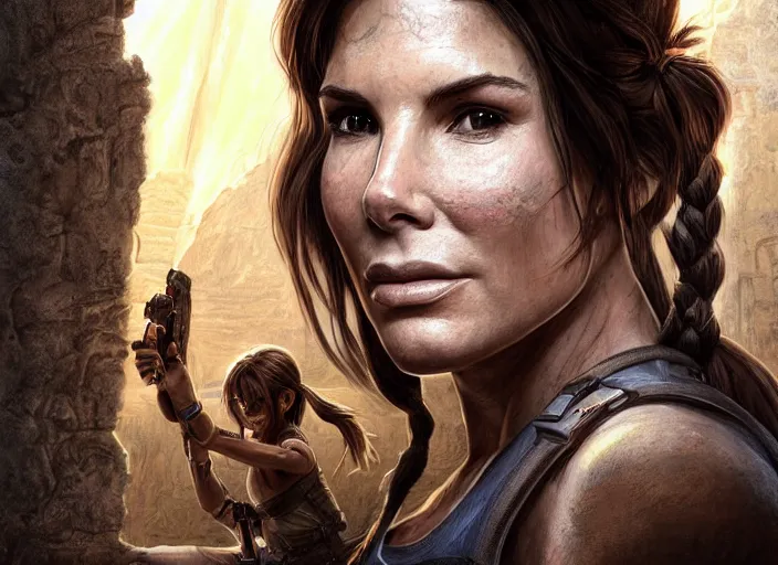 Image similar to face portrait of concentrated young Sandra Bullock as Lara Croft with pig-tails entering an incredible epic ruin, glorious sun beams, intricate, elegant, highly detailed, digital painting, short focus, illustration, Allan Lee, John Howe