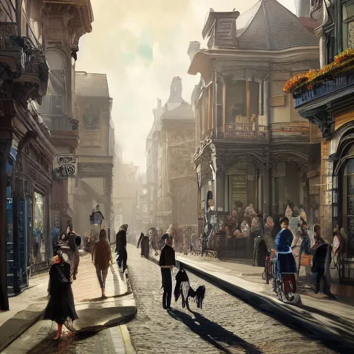 Image similar to street of victorian city, happy, a lot of people, realistic, 8 k, detailed, concept art, trending on artstation