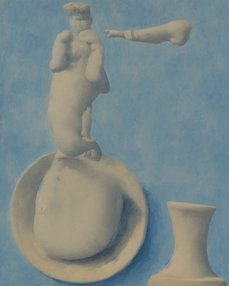 Image similar to achingly beautiful print of solitary painted ancient greek pottery on baby blue background by rene magritte, monet, and turner.