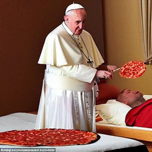 Prompt: the pope pouring hot wax on his bare chest as he eats pepperoni pizza while laying down on bed