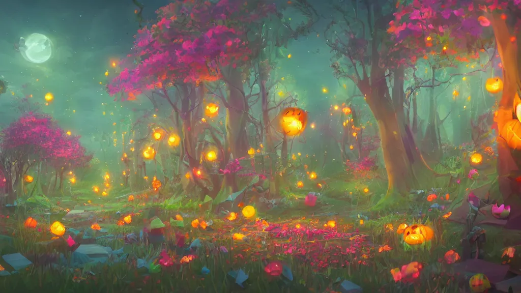 Prompt: candy forest, cinematic scene, studio lighting, low poly, colorful, fantasy, fireflies, flowers, halloween, fairytale, ( matte painting, concept art, medium shot, trending on artstation )