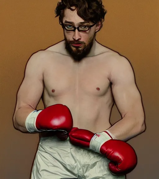 Image similar to Gigachad Sam Hyde wearing a high-end suit, boxing stance, wearing candy cane theme boxing gloves, sigma male, accurately portrayed, portrait art by alphonse mucha and greg rutkowski, highly detailed, digital painting, concept art, illustration, dim lighting with twilight rays of sunlight, trending on artstation, very detailed, smooth, sharp focus, octane render, close up