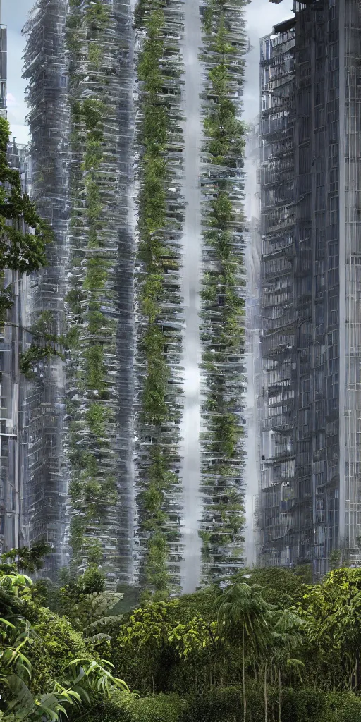 Prompt: an elevational photo by Andreas Gursky of tall and slender futuristic mixed-use towers emerging out of the ground. The rusty industrial towers are covered with trees and ferns growing from floors and balconies. The towers are bundled very close together and stand straight and tall. The towers have 100 floors with deep balconies and hanging plants. Cinematic composition, volumetric lighting, foggy morning light, architectural photography, 8k, megascans, vray.