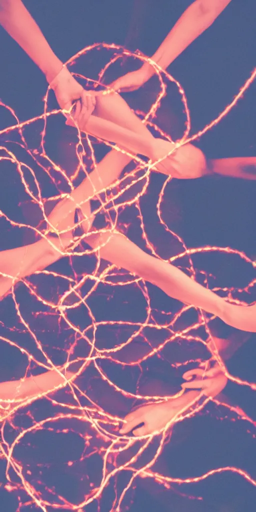 Prompt: gorgeous human bodies intertwined, long exposure photograph, anamorphic bokeh, orange and cyan lighting