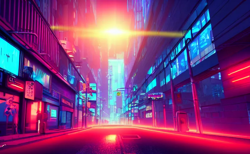 Prompt: neon cyberpunk city streets . daylight. sunlight. lens flare. light fixtures. 8K. detailed. photorealism. artstation. 25mm f/1.7 ASPH Lens. ultra realistic