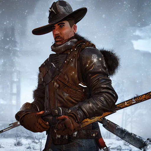 Image similar to A comic book style portrait painting of a male sheriff ranger in a a post apocalyptic winter landscape, unreal 5, DAZ, hyperrealistic, octane render, RPG portrait, ambient light, dynamic lighting