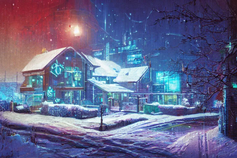 Image similar to cyberpunk, winter in the snow, Christmas lights, external view of a 5 bedroom detached cyberpunk house in the UK, by Paul Lehr