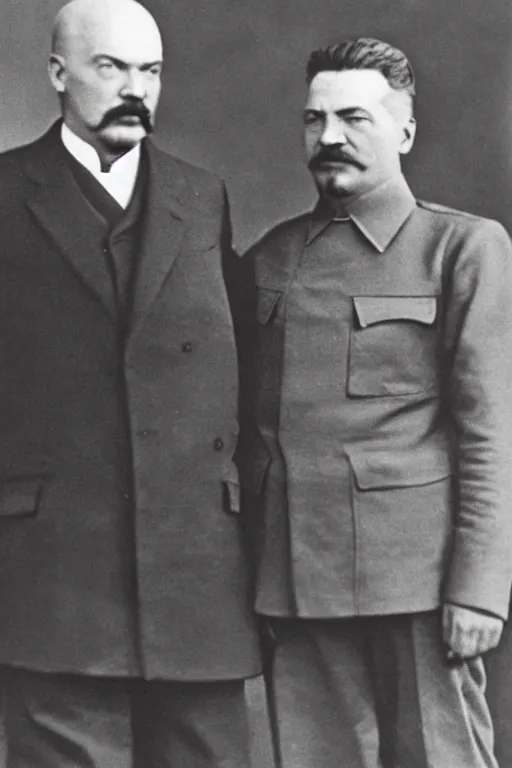 Image similar to Lenin und Stalin denken an alle Menschen zerstören. 1917 Jahre, foto in farbe.