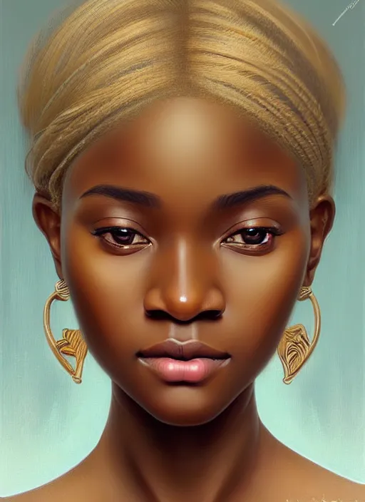 Prompt: beautiful igbo feminine face! portrait of young woman blessed by god with ever - increasing physical and mental perfection, blonde hair, symmetrical! intricate, elegant, highly detailed, vision of holy perfection!! smile, digital painting, artstation, concept art, smooth, sharp focus, illustration, art by artgerm and greg rutkowski and alphonse mucha