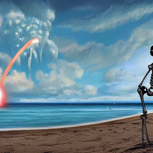 Image similar to Beautiful digital painting portrait of relaxed (((skeleton walking on the tropical beach))) with nuclear bomb explosion in the background!!!, by James Gurney, high quality, trending on Artstation, aesthetic lightning, anatomically correct skeleton, high coherence, blue sky