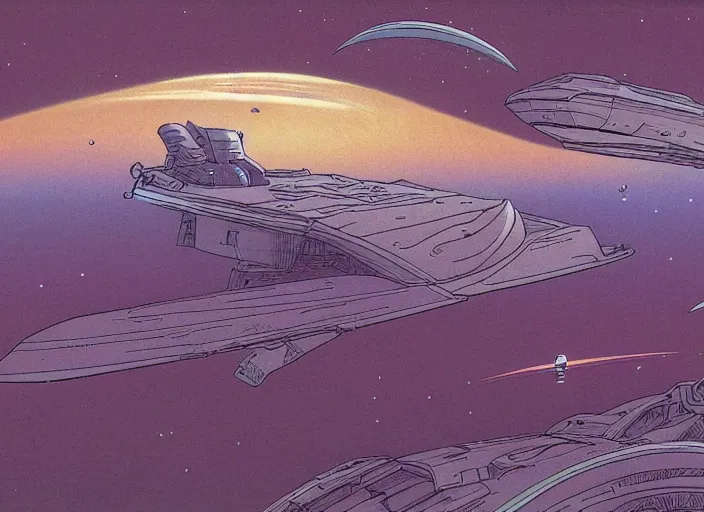 Prompt: a spaceship in a stunning landscape by moebius