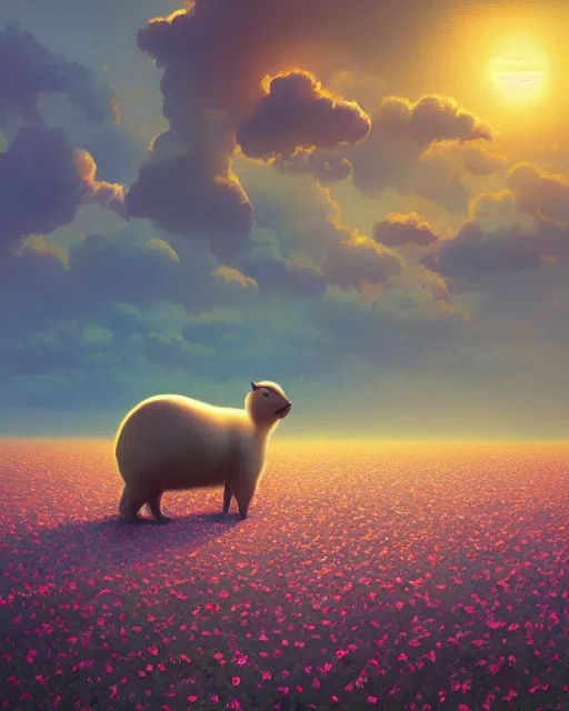 Prompt: white capybara looking at the sun in a flower field, surreal photography, sunrise dramatic light, impressionist painting, colorful clouds, digital painting, artstation, kilian eng, john harris, bastien lecouffe - deharme, simon stalenhag, flower face