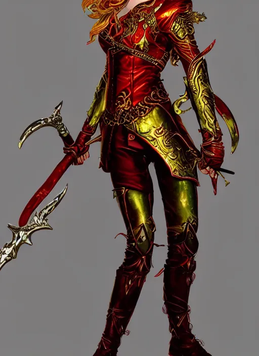 Image similar to Full body portrait of a handsome young red haired elven princess warrior wearing red, green and gold ornate leather jacket, golden tiara and an axe. In style of Yoji Shinkawa and Hyung-tae Kim, trending on ArtStation, dark fantasy, great composition, concept art, highly detailed.